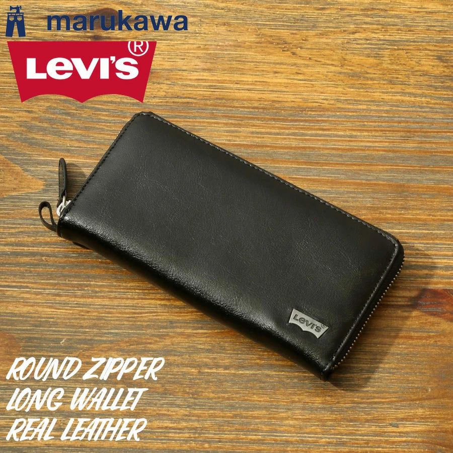 Levis リーバイス 本革 長財布 メンズ レディース ユニセックス ラウンドファスナー レザー 財布 サイフ 型押し ブランド ロゴ プレート ベーシック デザイン（7738990022）