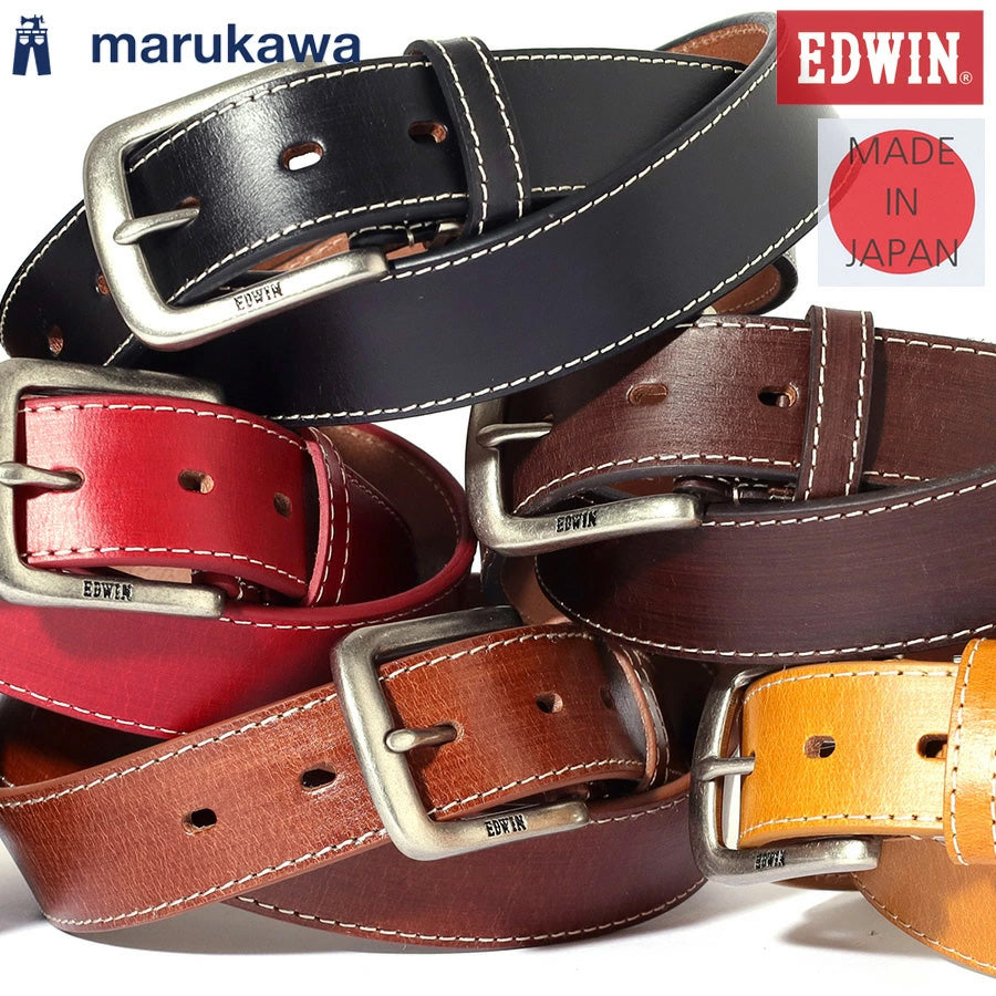 EDWIN エドウィン 35mm ステッチベルト メンズ 日本製 メイドインジャパン 牛革 本革 ブランド ビジネス カジュアル ジーンズ スクエアバックル バックル交換可 サイズ調整可 バックル刻印 全長110cm 大きいサイズ（7717840007）