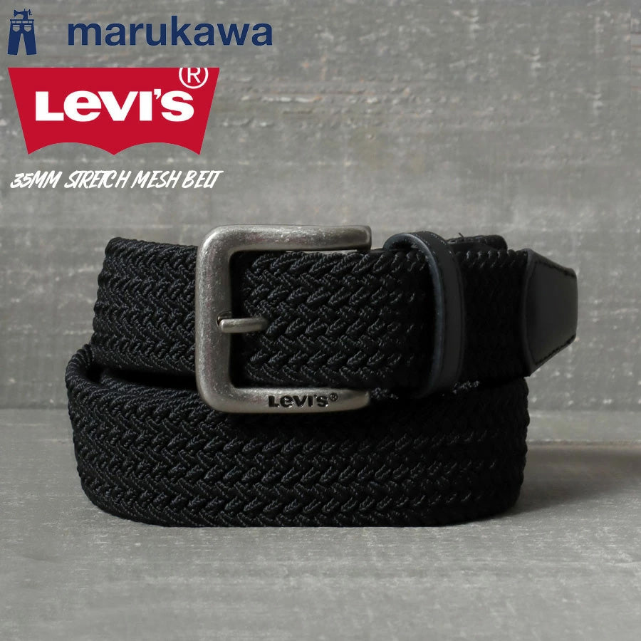 Levi's リーバイス 35mm ストレッチ ゴムメッシュベルト メンズ レディース ユニセックス ブランド ロゴ 穴なし 編み込みベルト 伸縮性 フィット感 バックル 刻印 ジーンズ おしゃれ 小物 全長約113cm