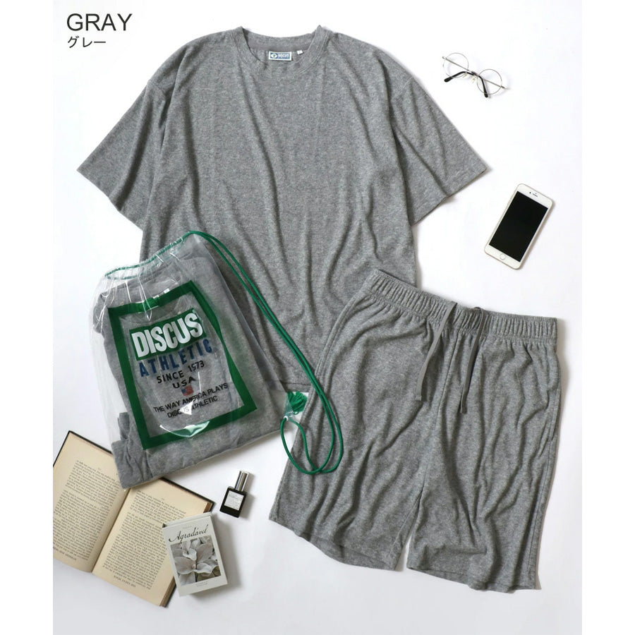 DISCUS ディスカス ルームウェア メンズ レディース ユニセックス ナイトウェア セットアップ パイル 無地 半袖Tシャツ＆ショートパンツ＆収納バッグ 3点セット パジャマ 部屋着（0162280055）