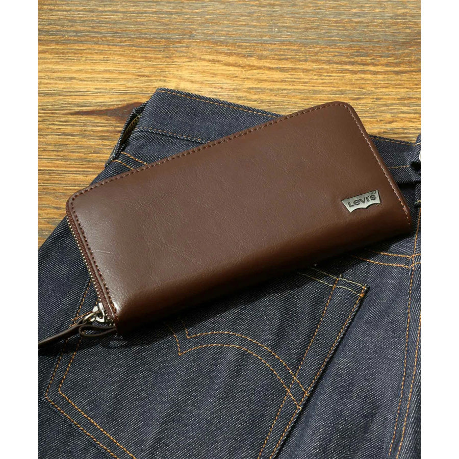 Levis リーバイス 本革 長財布 メンズ レディース ユニセックス ラウンドファスナー レザー 財布 サイフ 型押し ブランド ロゴ プレート ベーシック デザイン（7738990022）