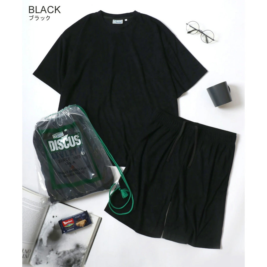 DISCUS ディスカス ルームウェア メンズ レディース ユニセックス ナイトウェア セットアップ パイル 無地 半袖Tシャツ＆ショートパンツ＆収納バッグ 3点セット パジャマ 部屋着（0162280055）