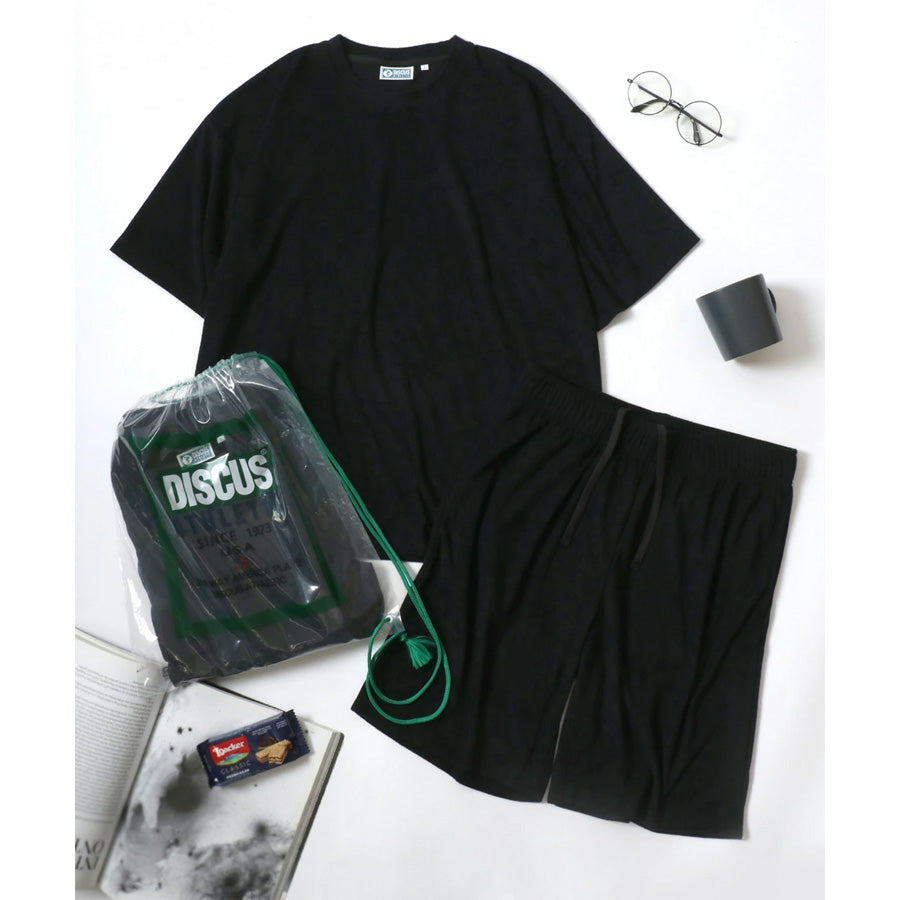 DISCUS ディスカス ルームウェア メンズ レディース ユニセックス ナイトウェア セットアップ パイル 無地 半袖Tシャツ＆ショートパンツ＆収納バッグ 3点セット パジャマ 部屋着（0162280055）