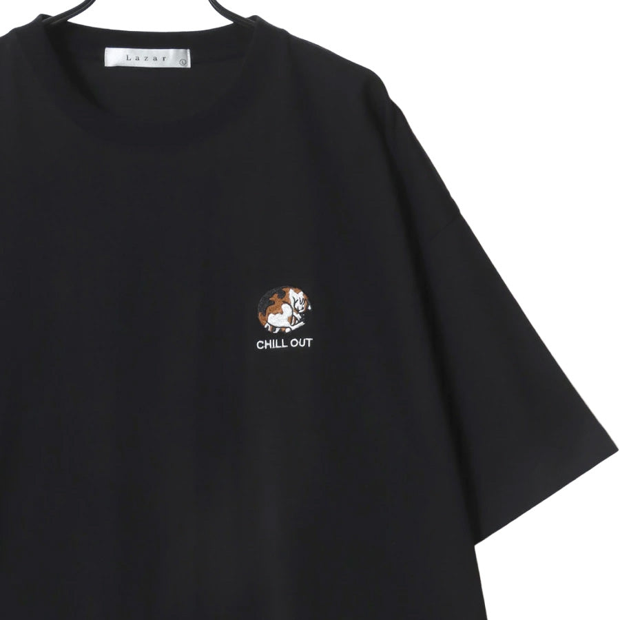 Lazar ラザル Tシャツ メンズ レディース ユニセックス 半袖 ビッグシルエット オーバーサイズ ロゴ ワンポイント 刺繍 アニマル柄 犬柄 猫柄 カットソー トップス（0115030059）