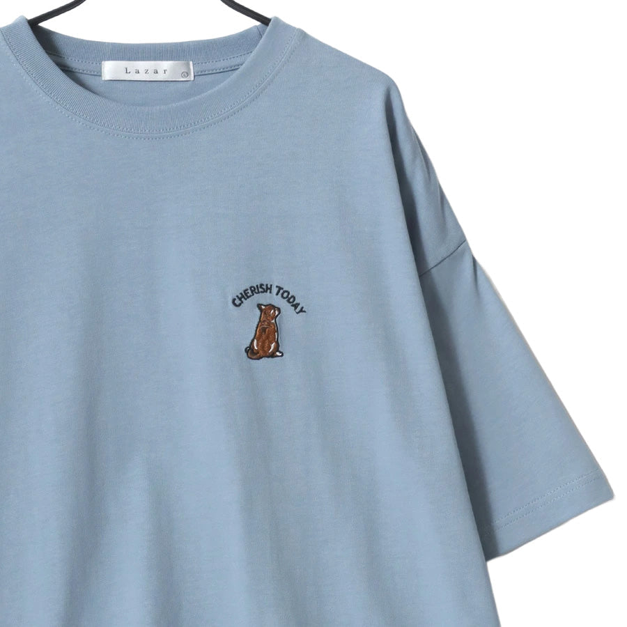 Lazar ラザル Tシャツ メンズ レディース ユニセックス 半袖 ビッグシルエット オーバーサイズ ロゴ ワンポイント 刺繍 アニマル柄 犬柄 猫柄 カットソー トップス（0115030059）