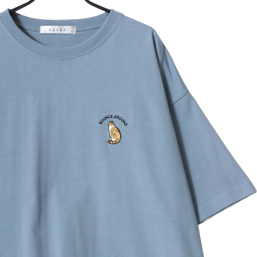 Lazar ラザル Tシャツ メンズ レディース ユニセックス 半袖 ビッグシルエット オーバーサイズ ロゴ ワンポイント 刺繍 アニマル柄 犬柄 猫柄 カットソー トップス（0115030059）