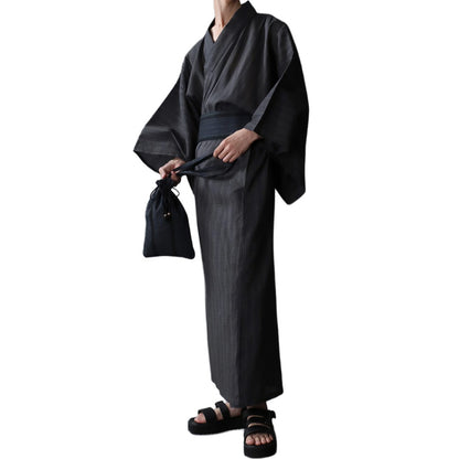 marukawa 簡単に着れる しじら織り 浴衣 メンズ 4点セット 浴衣スターターセット 本体 ワンタッチ帯 腰紐 巾着 無地 ストライプ ゆかた 和服 和装 レトロ モダン お祭り 七夕 花火大会 イベント （3192210021）