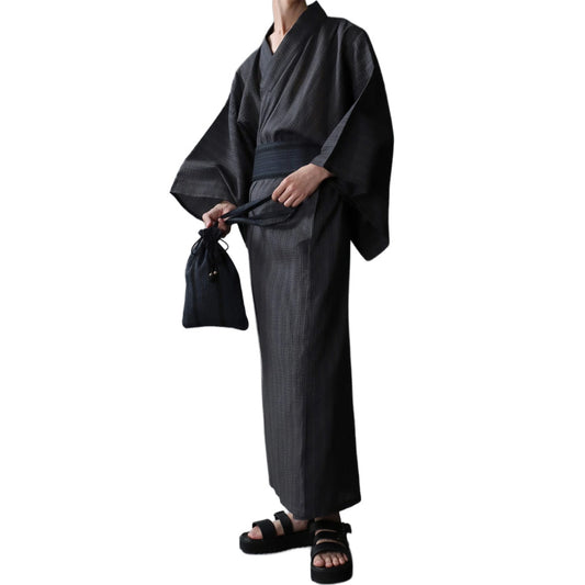marukawa 簡単に着れる しじら織り 浴衣 メンズ 4点セット 浴衣スターターセット 本体 ワンタッチ帯 腰紐 巾着 無地 ストライプ ゆかた 和服 和装 レトロ モダン お祭り 七夕 花火大会 イベント （3192210021）