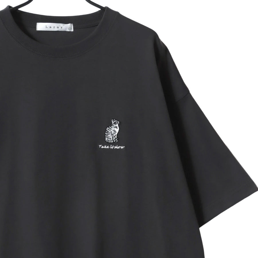 Lazar ラザル Tシャツ メンズ レディース ユニセックス 半袖 ビッグシルエット オーバーサイズ ロゴ ワンポイント 刺繍 アニマル柄 犬柄 猫柄 カットソー トップス（0115030059）